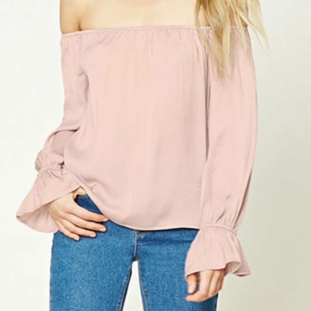 Off the shoulder cream pink ruffle sleeve